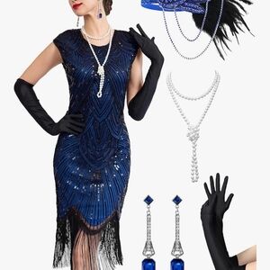 Elegant Blue Sequin Flapper Dress with Accessories